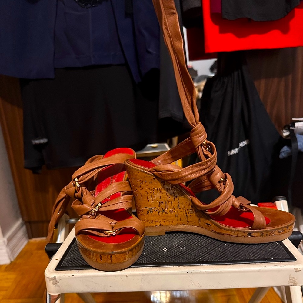 R & Renzi Cork Wedge Sandals With Leather Ties